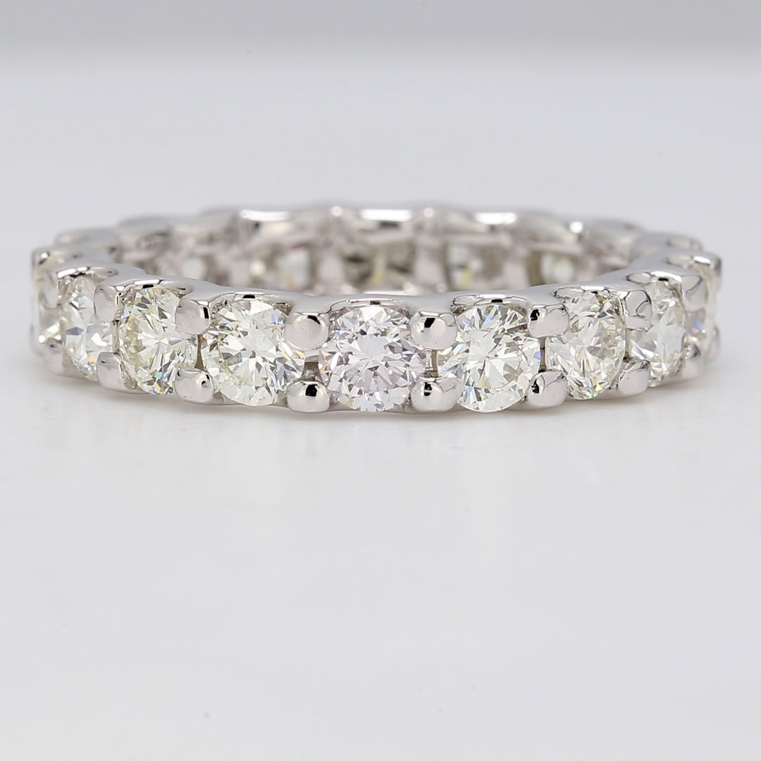 Eternity band in platinum with U-prong set (18) round diamonds.  D2.80ct.t.w.  Size 6.5