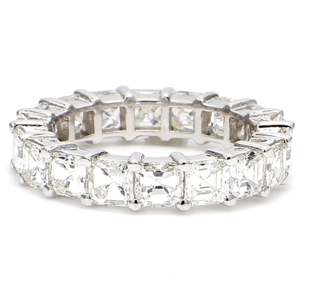 Eternity band with shared prong set (20) asscher cut diamonds.  D3.38ct.t.w.  Size 6.75