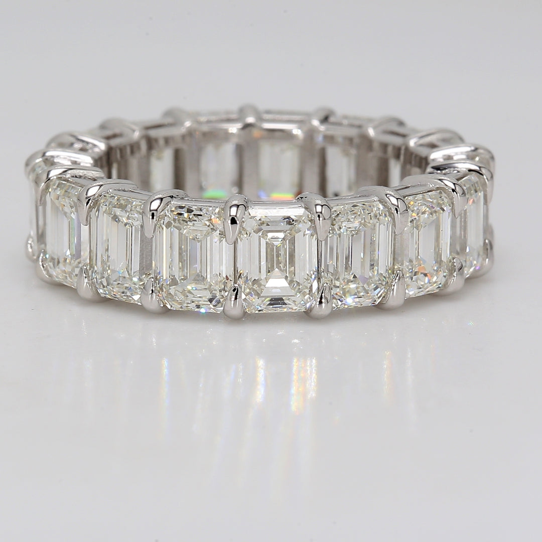Eternity band in platinum with basket set GIA certified G-I/IF-VS1 (17) emerald cut diamonds.  D8.93ct.t.w.  Size 6.5