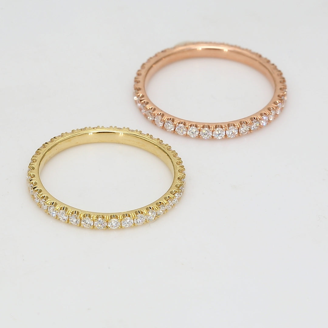 Eternity band in 18K YG & RG with U-prong set round diamonds.  D0.90ct.t.w.  Size 5.25