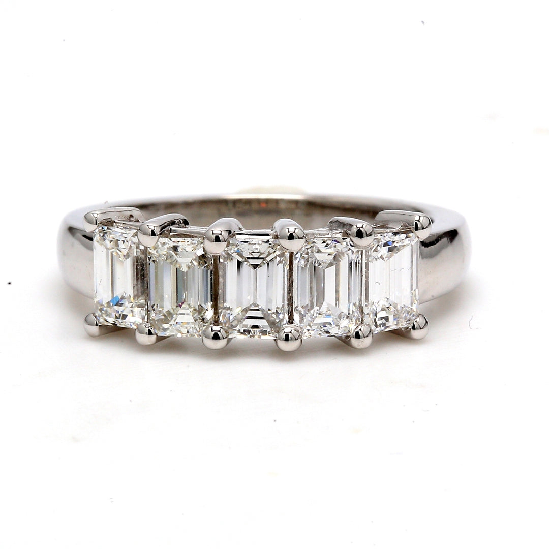 5-stone band in platinum with shared prong set emerald cut diamonds.  D1.80ct.t.w.  Size 6.75