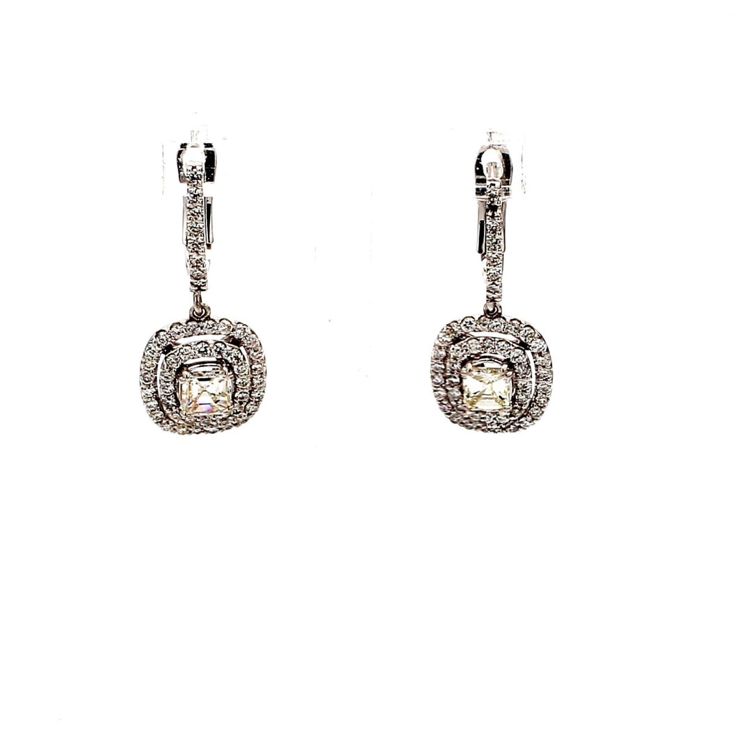Halo dangling earrings with prong set rounds around asscher cut diamond center.  D1.53ct.t.w.  (Center 0.72ct.)