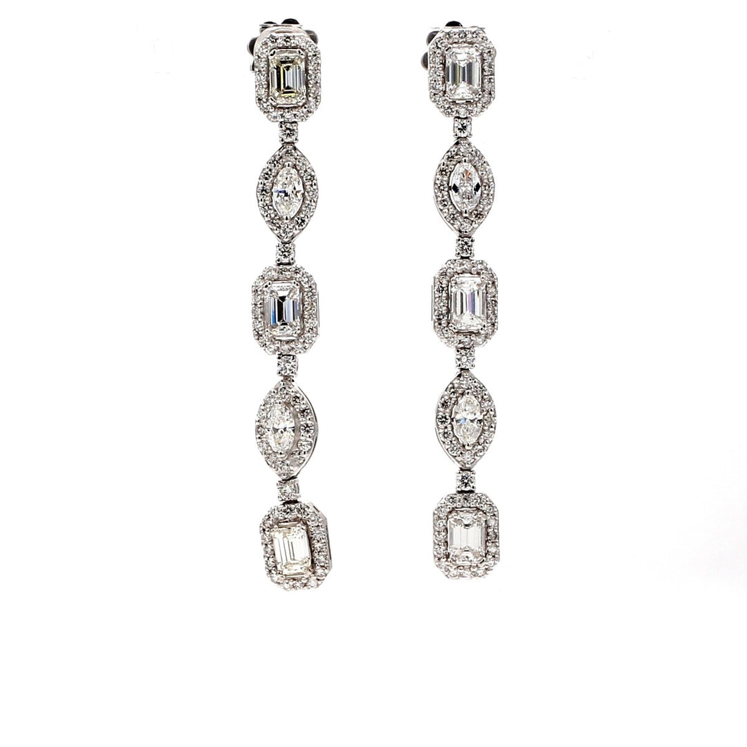 Halo dangling earrings with prong set rounds around 4-prong set emerald cut & marquise diamond centers.  D3.76ct.t.w.