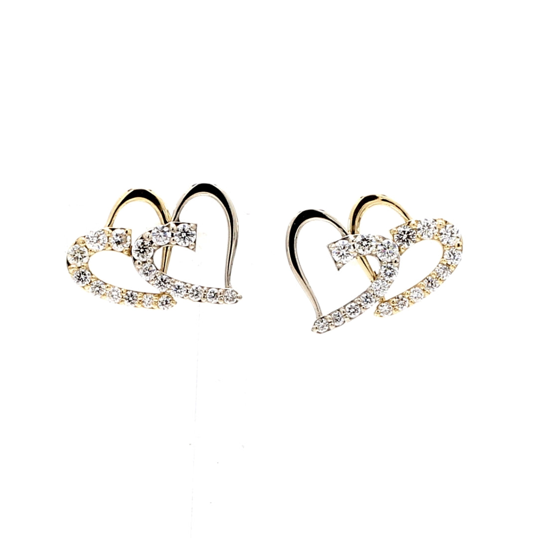 Double heart shape earrings in two-tone with prong set round diamonds.  D0.74ct.t.w.