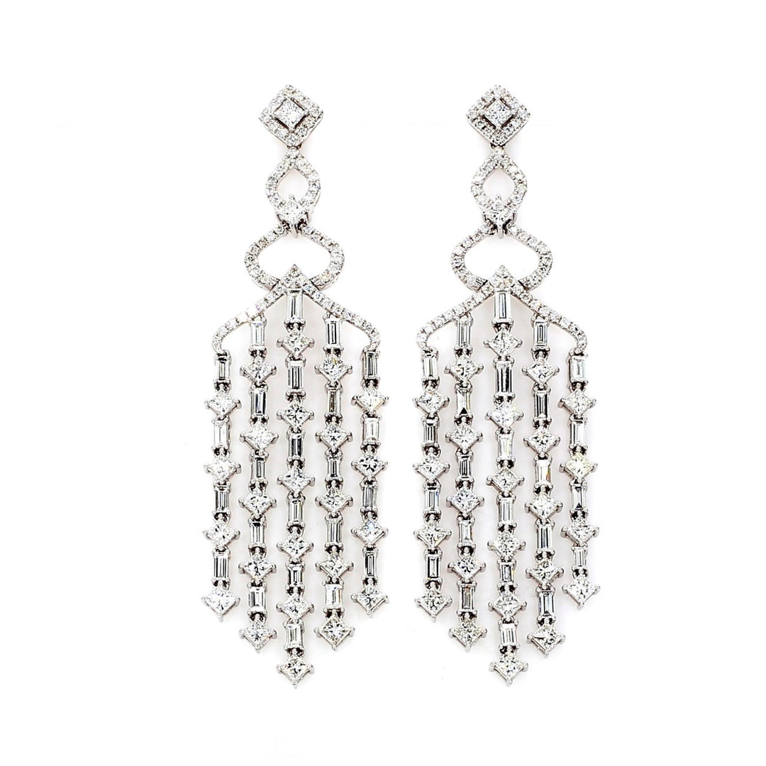2.5"" Chandelier earrings in 18K WG with prong set princess cuts, baguettes, & and pre-set round diamonds.  D7.96ct.t.w.