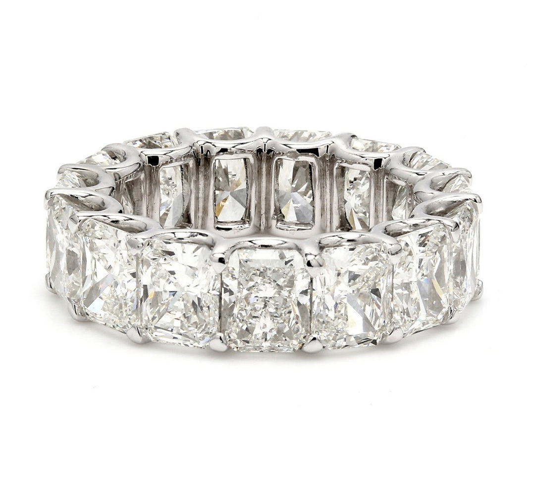 Eternity band in platinum with U-prong set (20) radiant cut diamonds.  D5.94ct.t.w.  Size 6.75