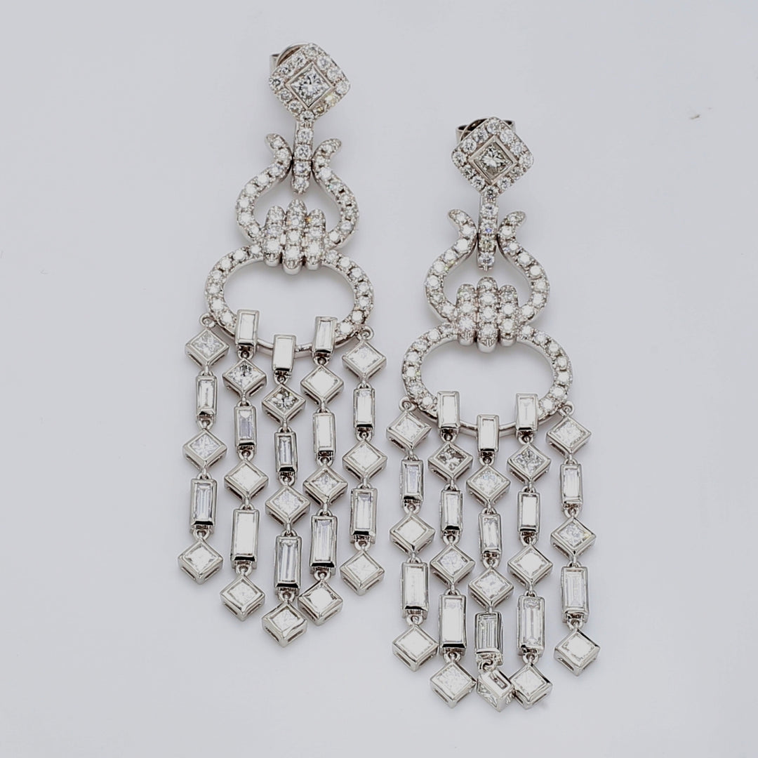 2.5"" Chandelier earrings in 18K WG with bezel set baguettes and princess cuts & pave set round diamonds.  D6.53ct.t.w.