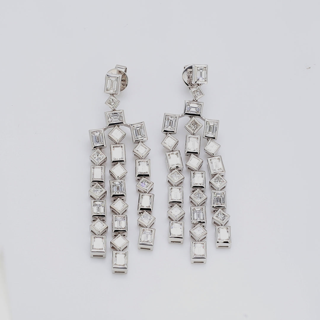 2"" Chandelier earrings in 18K WG with 3-line bezel set emerald cut & princess cut diamonds.  D5.86ct.t.w.