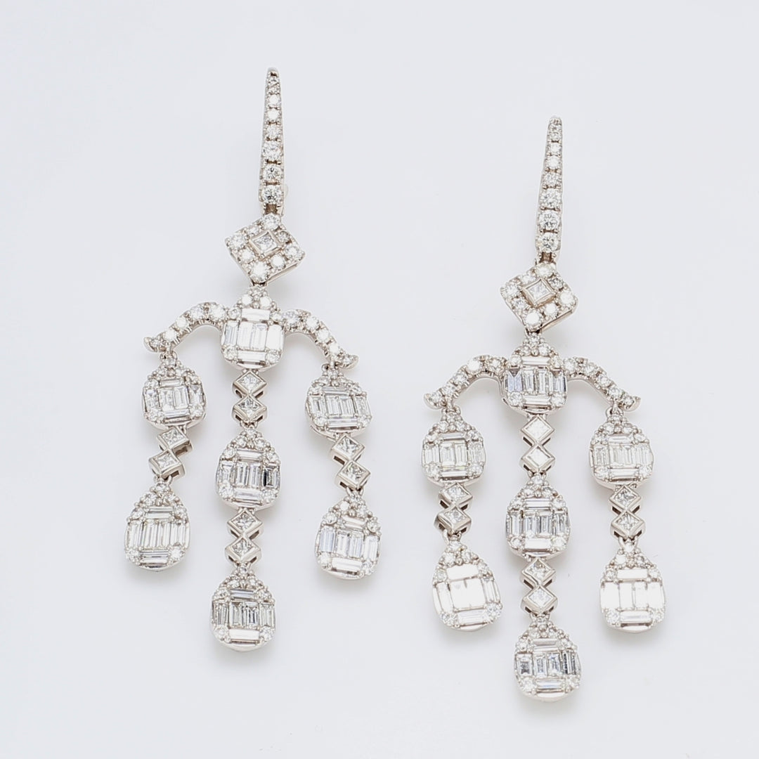 2.5"" Leverback chandelier earrings in 18K WG with prong set baguettes and rounds & bezel set princess cut diamonds.  D5.68ct.t.w.