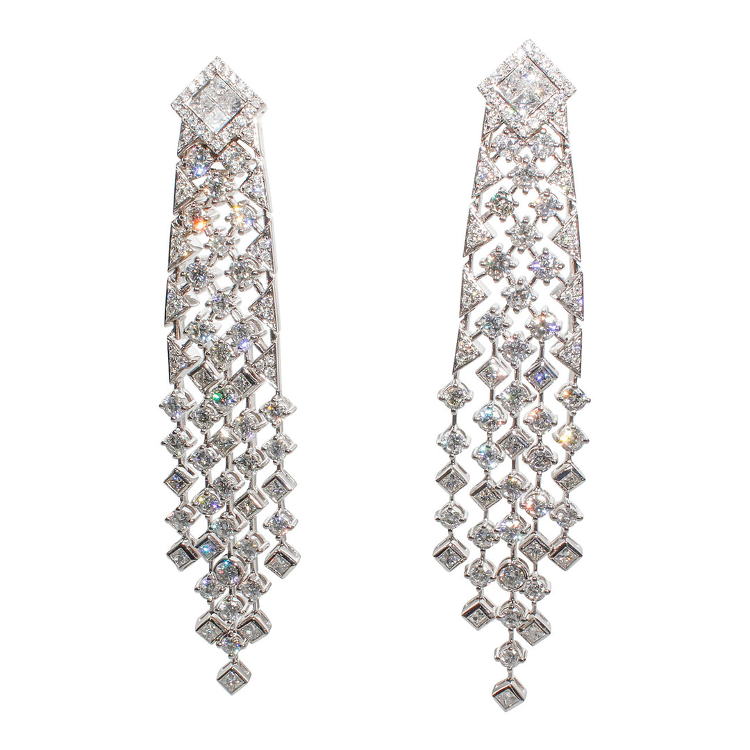 3"" Vintage style chandelier earrings in 18K WG with 5-row prong set rounds & 2x2 invisible set  princess cut diamonds.  D6.69ct.t.w.