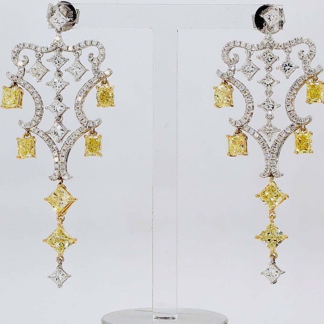 2"" Pushback chandelier earrings in 18K WG with white princess cuts and rounds & fancy yellow oval, radiant, princess cut diamonds.  D7.19ct.t.w.
