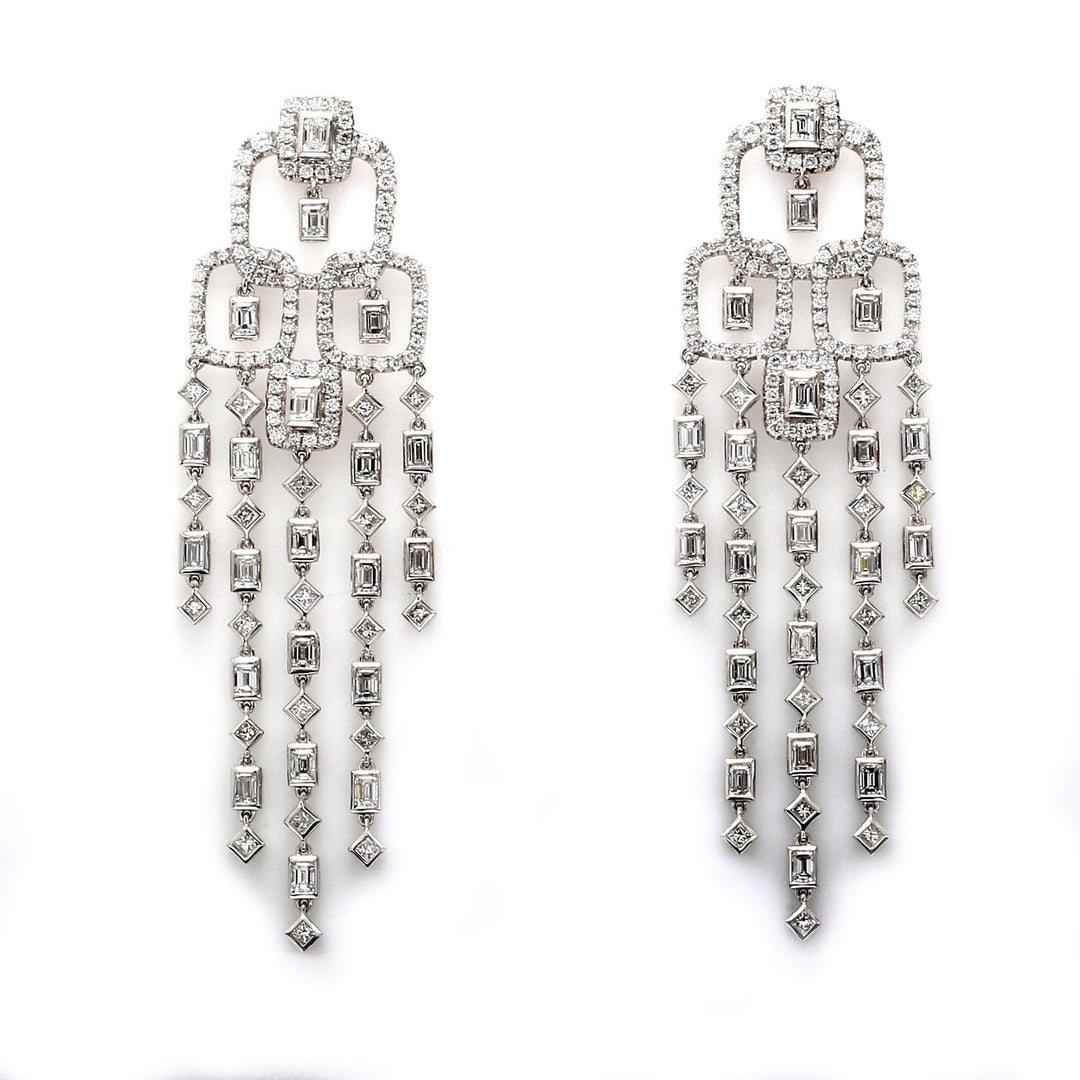 3"" Chandelier earrings in 18K WG with pre-set rounds, channel set emerald cuts, & bezel set princess cut diamonds.  D7.25ct.t.w.