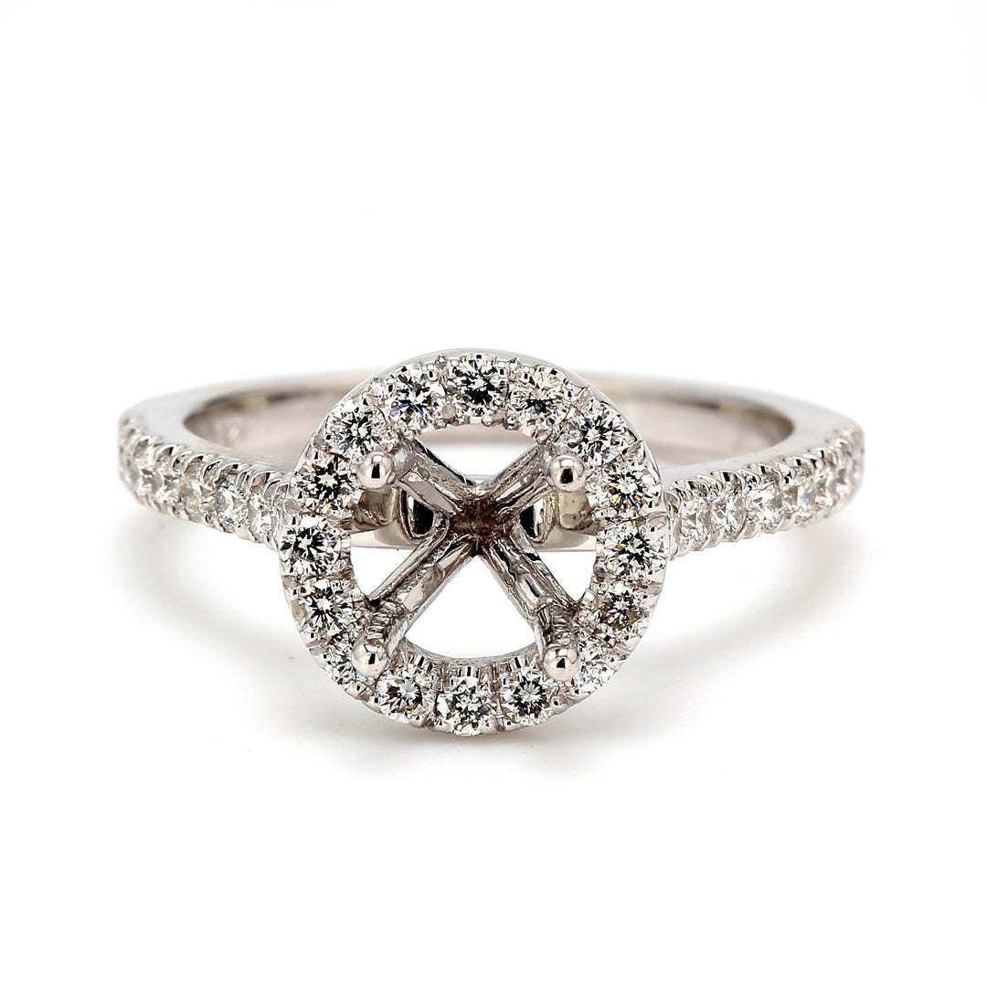 Halo semi-mount with U-prong set round diamonds.  D0.46ct.t.w.  Size 6