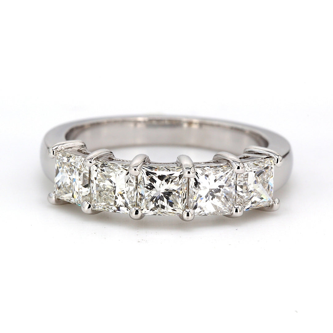 5-stone band in platinum with shared prong set princess cut diamonds.  D2.06ct.t.w.