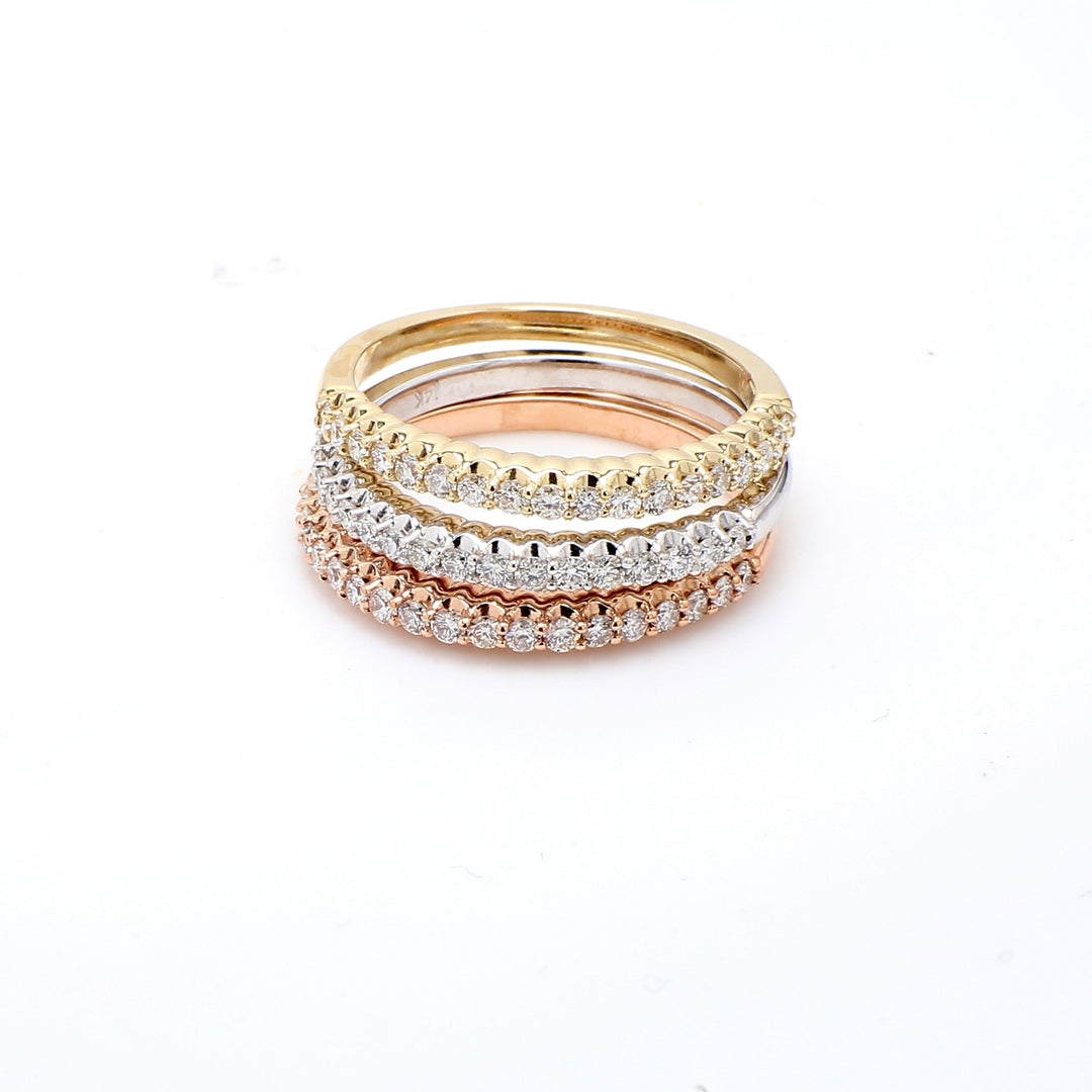 Stackable tri-color band with shared prong set (54) round diamonds.  D0.84ct.t.w.