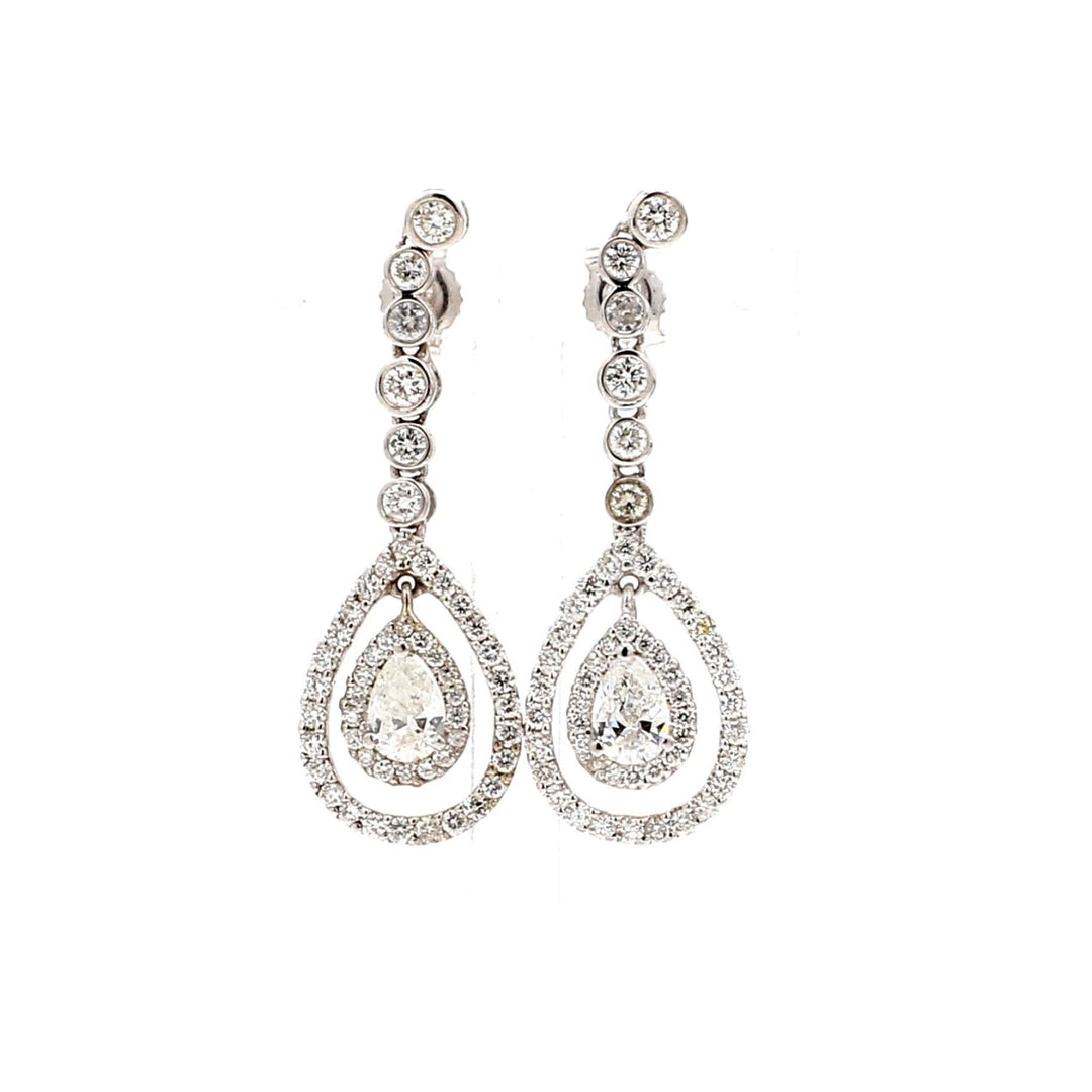 1.5"" Halo dangling earrings with bezel and shared prong set rounds & 3-prong set pear diamond centers.  D2.19ct.t.w.  (Centers 0.71ct.t.w.)