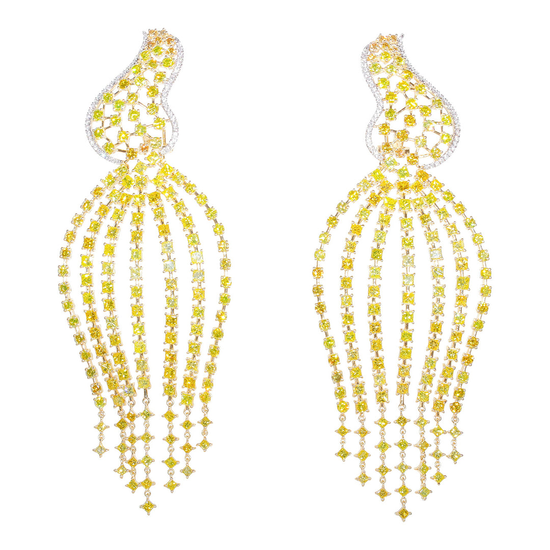 4"" Vintage style chandelier earrings in 18K YG with 7-row prong set fancy yellow princess cuts & pre-set round diamonds.  D20.24ct.t.w.  Fancy Yellow 12.80ct.t.w.