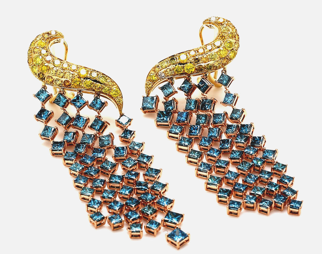 3.5"" Vintage style chandelier earrings in 18K tri-color with prong set blue diamond & pre-set white and fancy yellow diamonds.  D18.73ct.t.w.