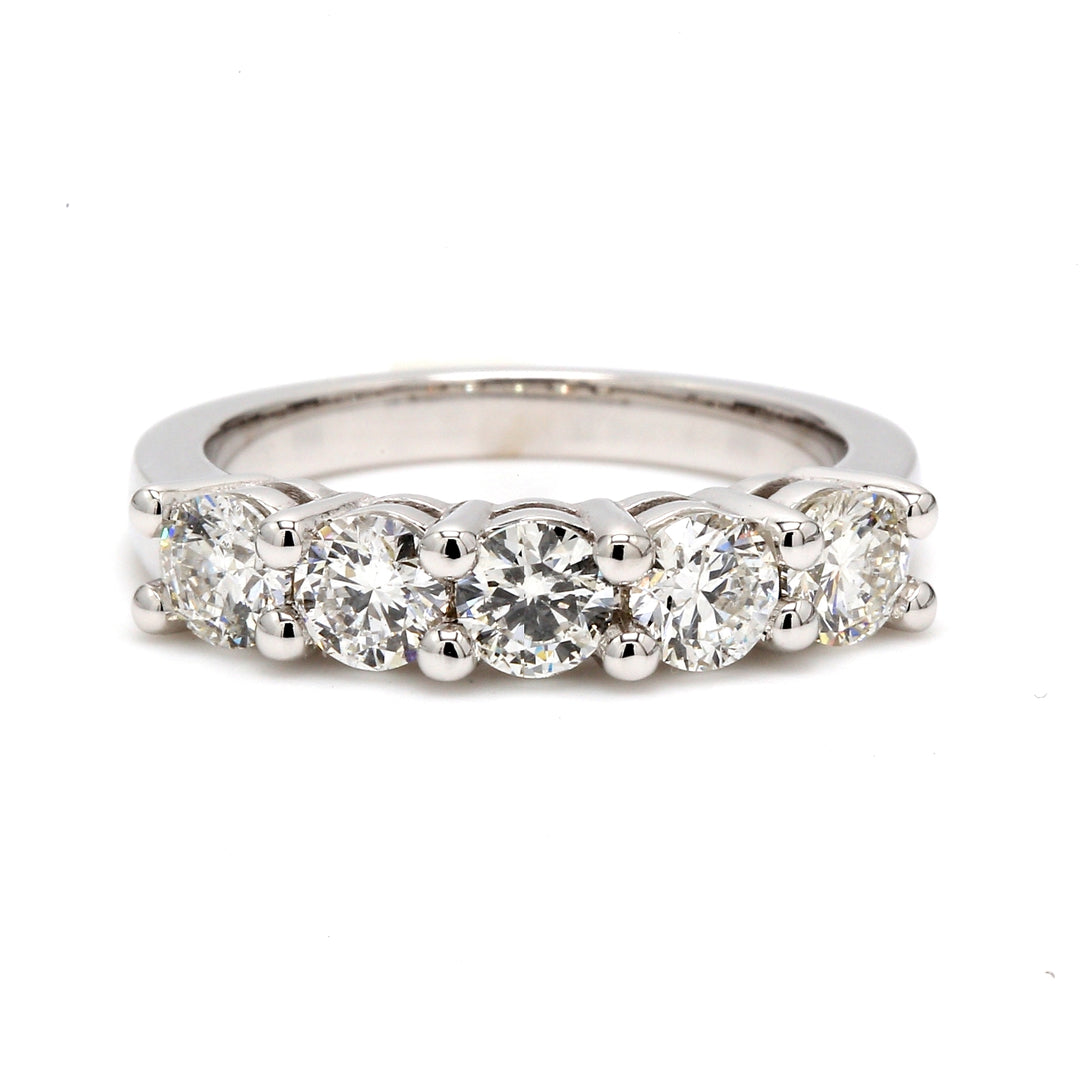 5-stone band with 4-prong set round diamonds.  D1.51ct.t.w.  Size 6.75