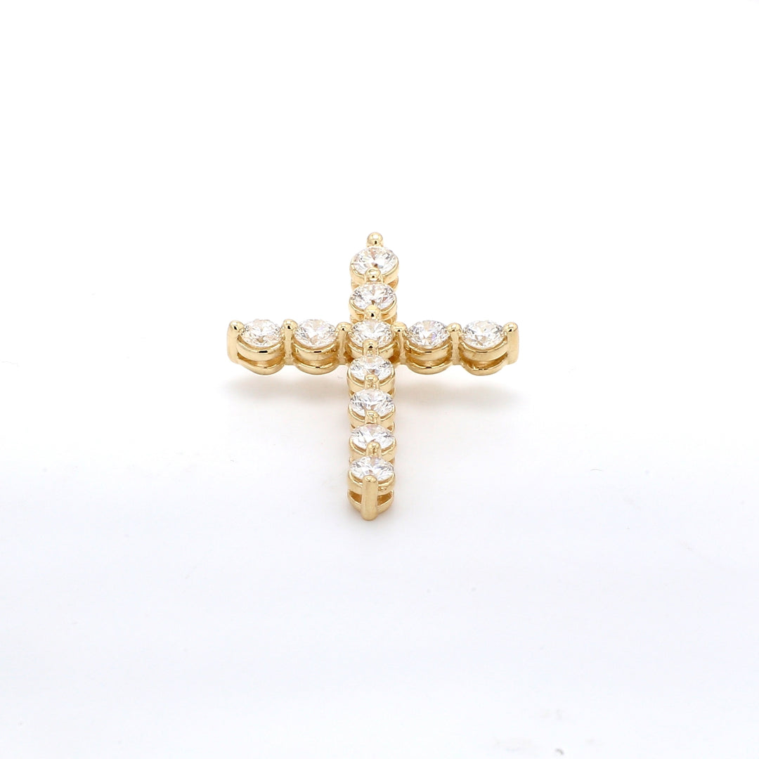 1"" Cross pendant in yellow gold with shared prong set (11) round diamonds.  D1.23ct.t.w.