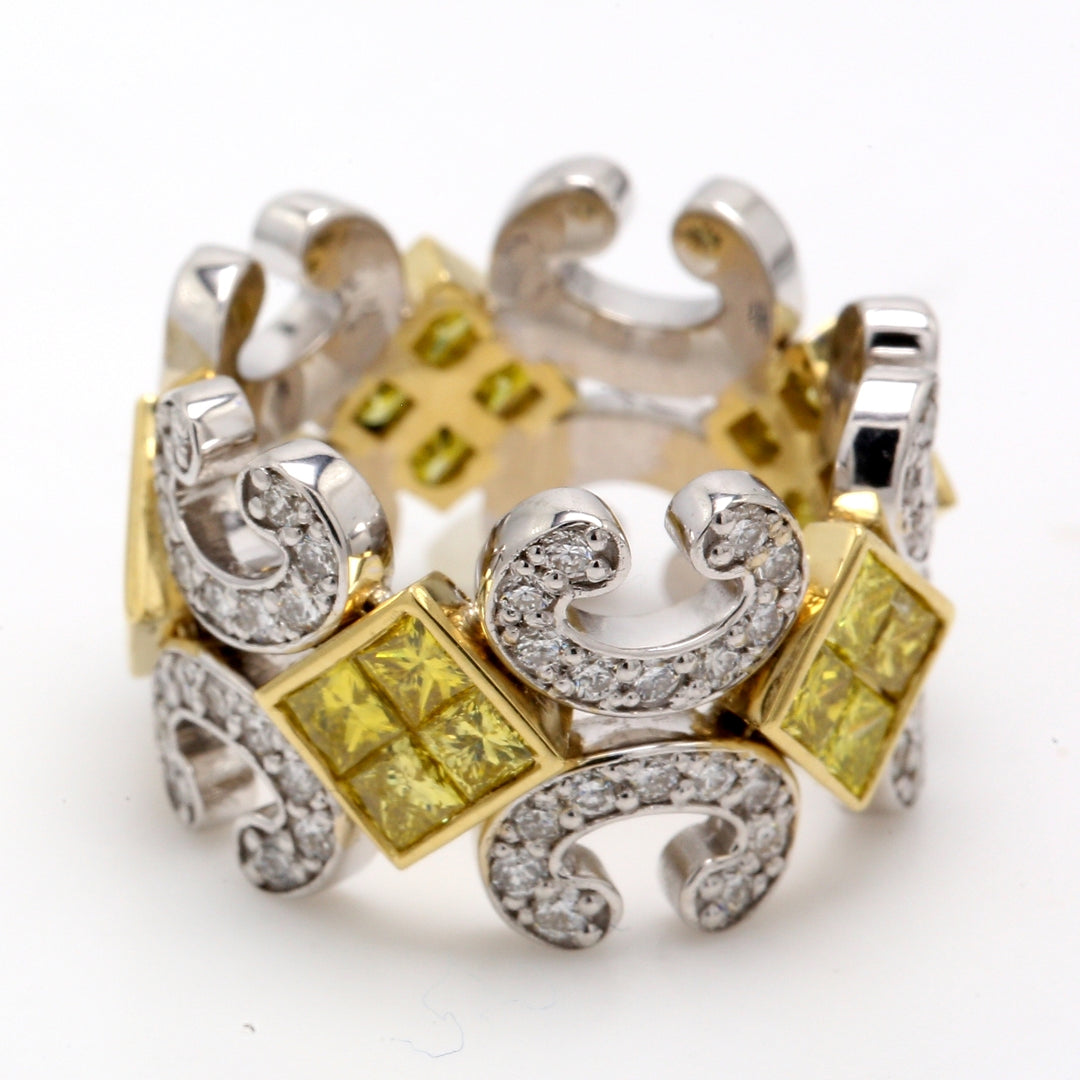 Ring in two-tone with pave set rounds & 2x2 invisible set FY princess cut diamonds.  D1.05ct.t.w.  Size 5