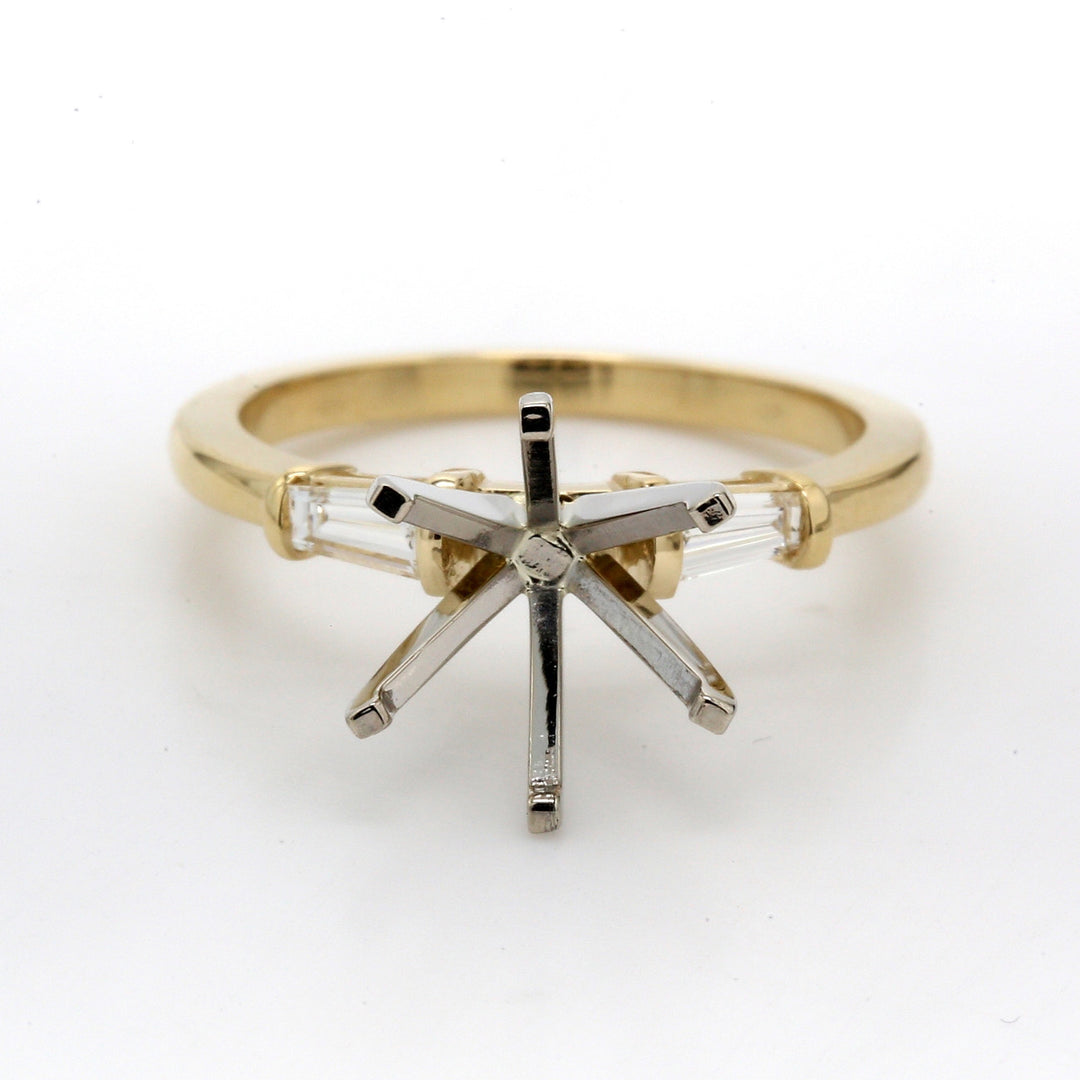 3-stone semi-mount in 14K YG with tapered baguette diamond sides.  D0.30ct.t.w.  Size 6.5