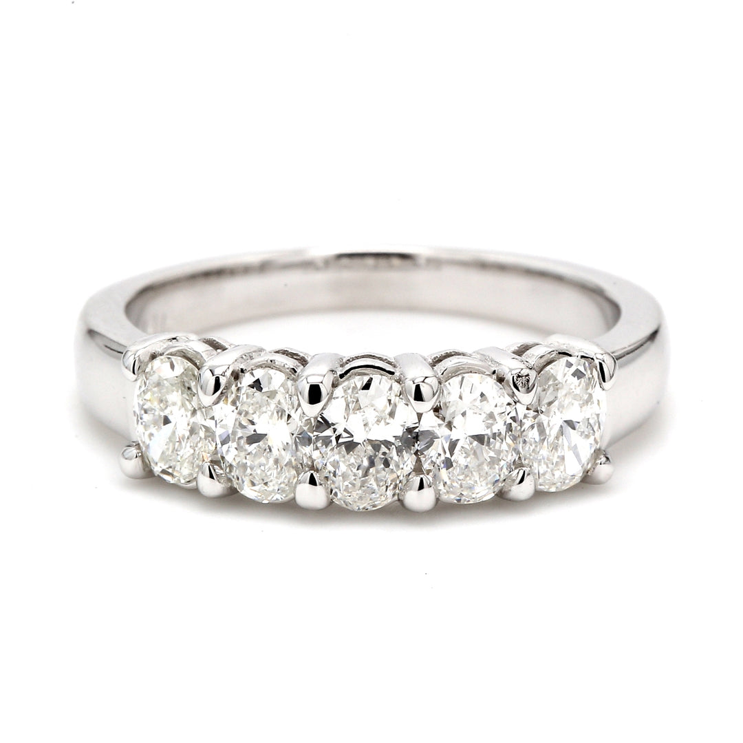 5-stone band with shared prong set oval diamonds.  D1.16ct.t.w.  Size 6.5