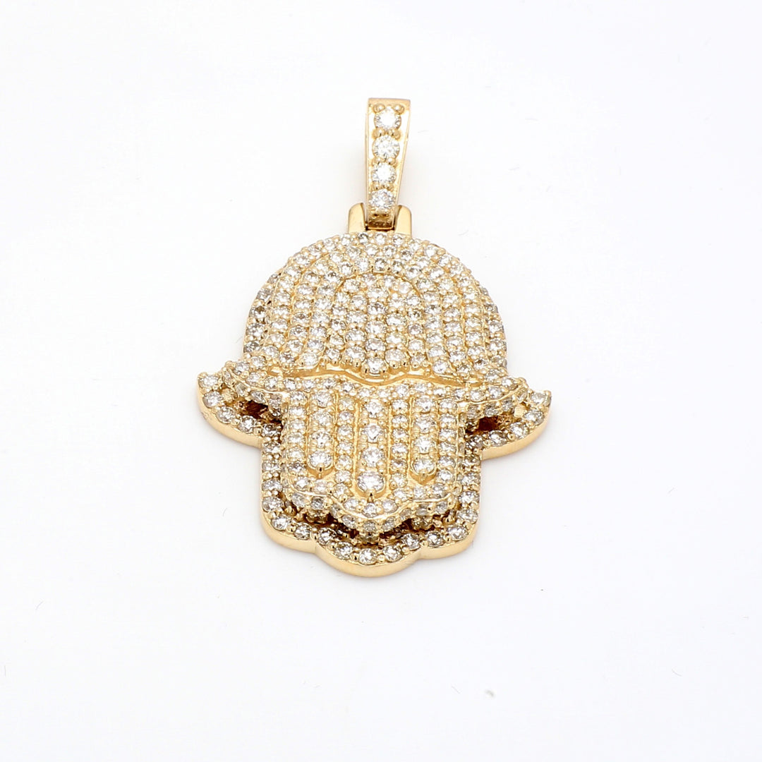 Hamsa pendant in 14K YG with pave set round diamonds.  D3.86ct.t.w.
