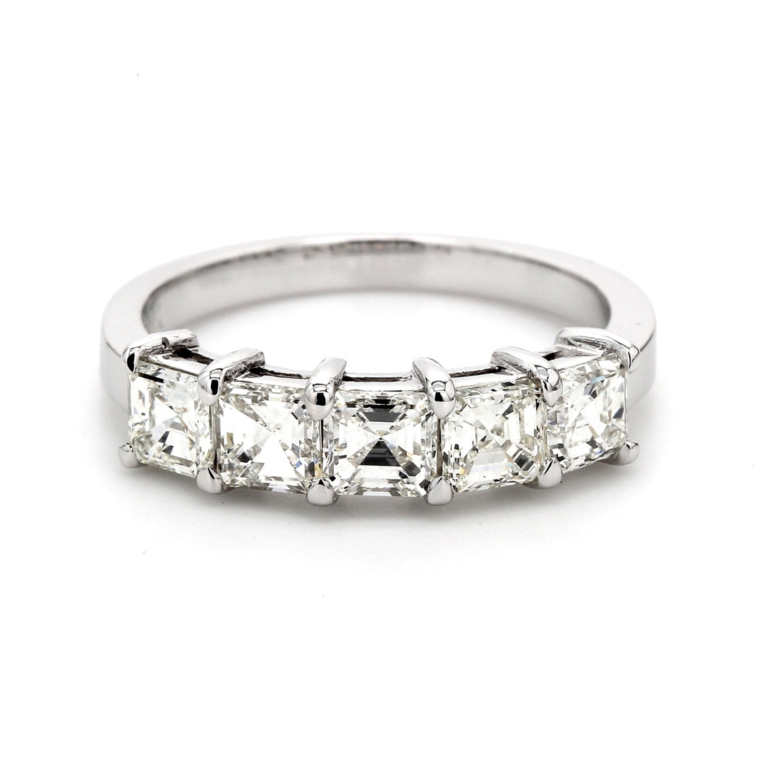 5-stone band with shared prong set asscher cut diamonds.  D1.70ct.t.w.  Size 7