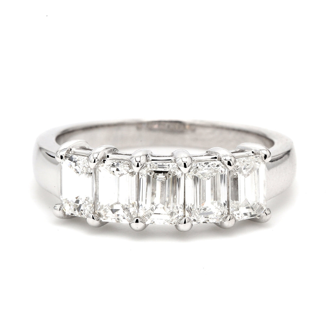 5-stone band with shared prong set emerald cut diamonds.  D1.69ct.t.w.  Size 6.5