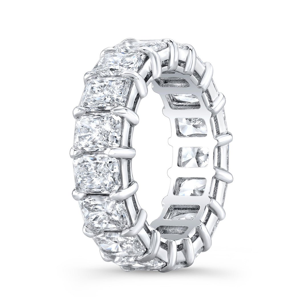 Eternity band in platinum with basket prong set (20) radiant cut diamonds.  D4.77ct.t.w.  Size 5.25