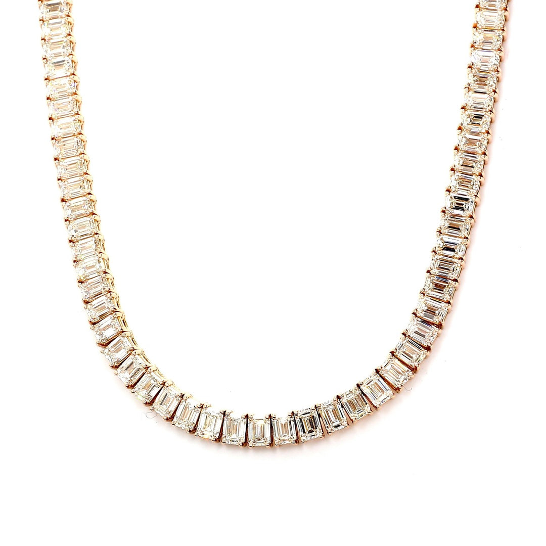 16"" Half-way graduated tennis necklace in 18K RG with 4-prong basket set emerald cut diamonds.  D15.67ct.t.w.