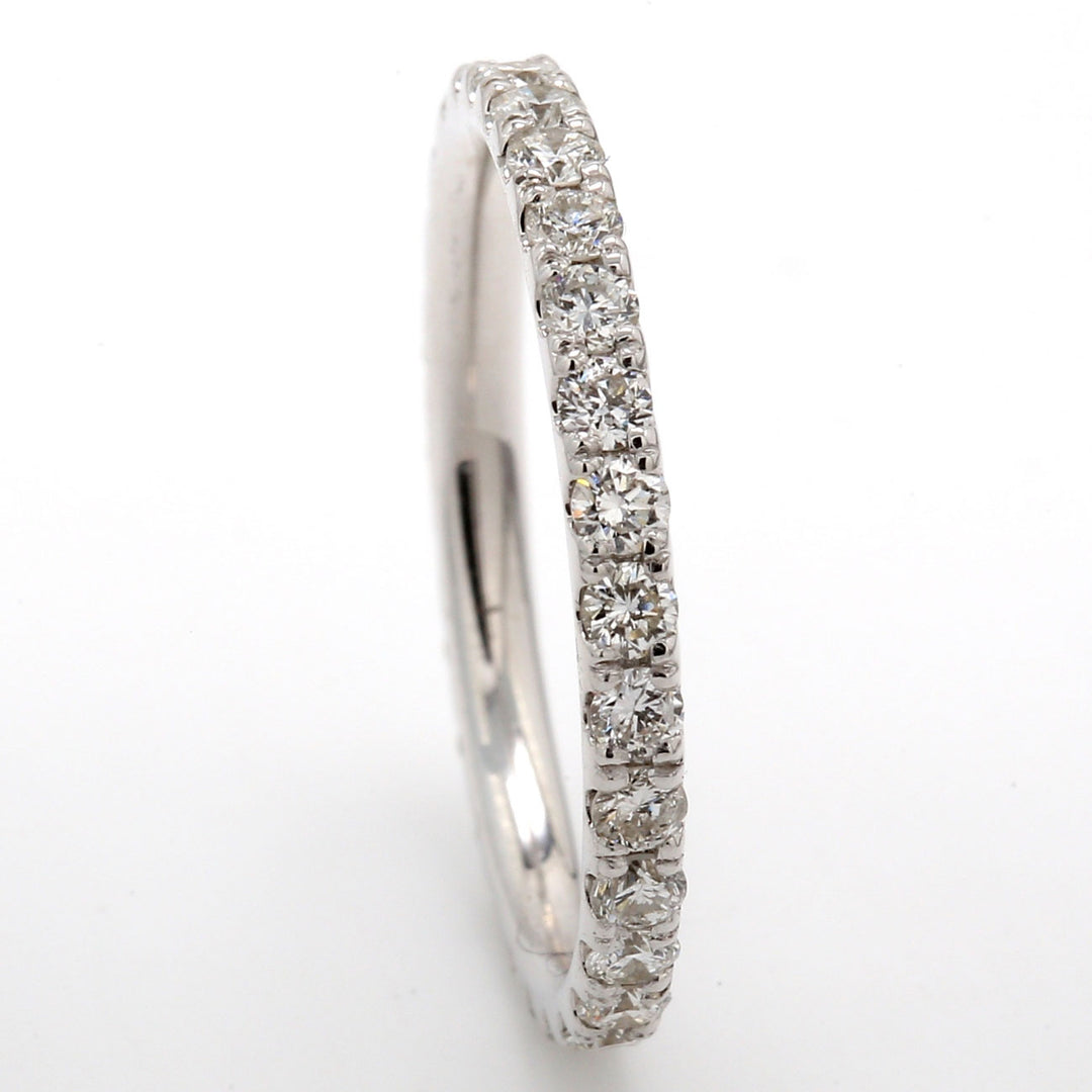 Eternity band with pre-set U-prong set (29) round diamonds.  D0.85ct.t.w.  Size 6.25