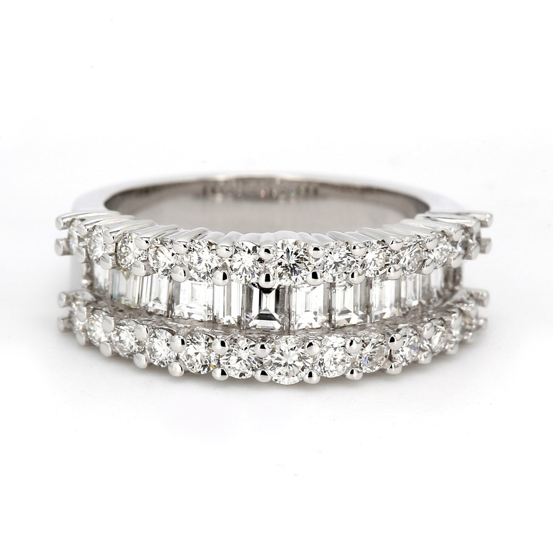 Band in 18K WG with prong set rounds and channel set baguette diamonds.  D1.88ct.t.w.