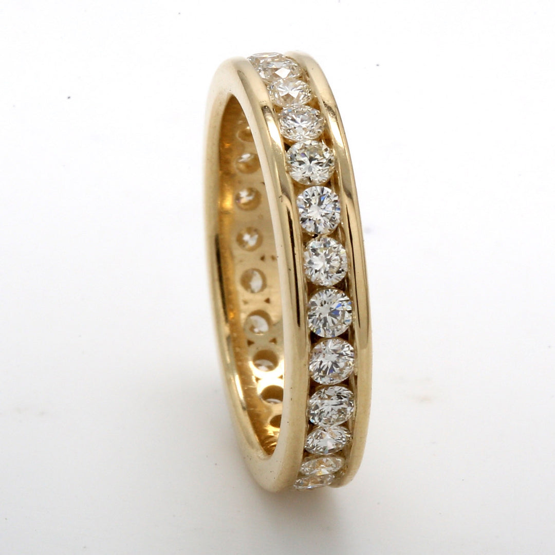 Eternity band with channel set (29) round diamonds.  D0.88ct.t.w.  Size 3.5