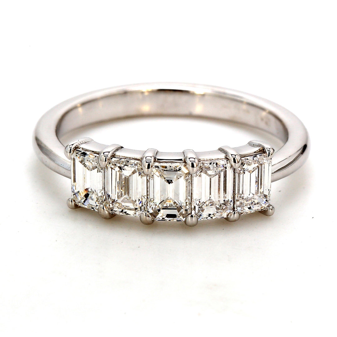 5-stone band in platinum with shared prong set emerald cut diamonds.  D1.43ct.t.w.  Size 7.25