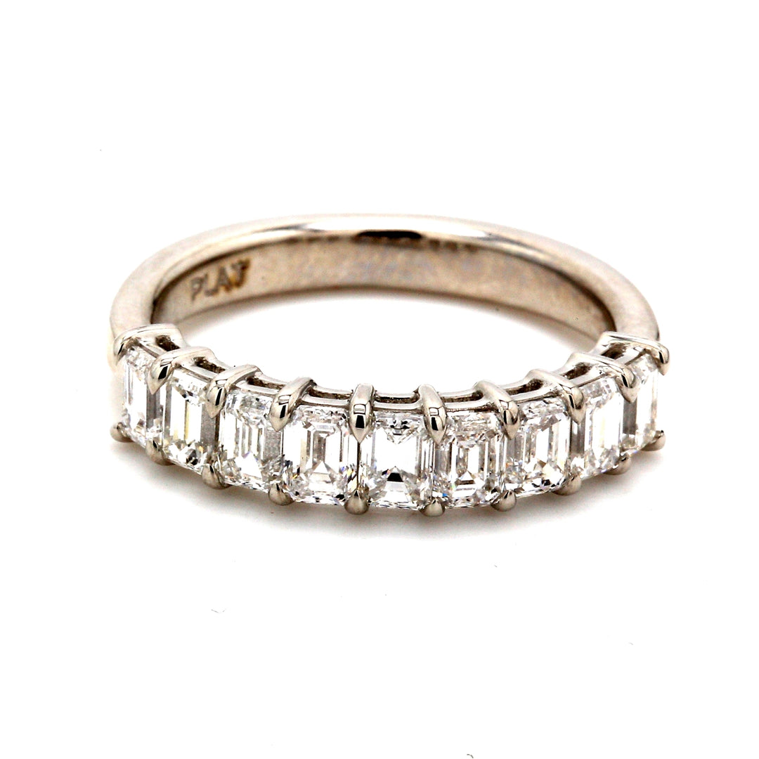 9-stone band in platinum with basket prong set emerald cut diamonds.  D1.68ct.t.w.  Size 6.5