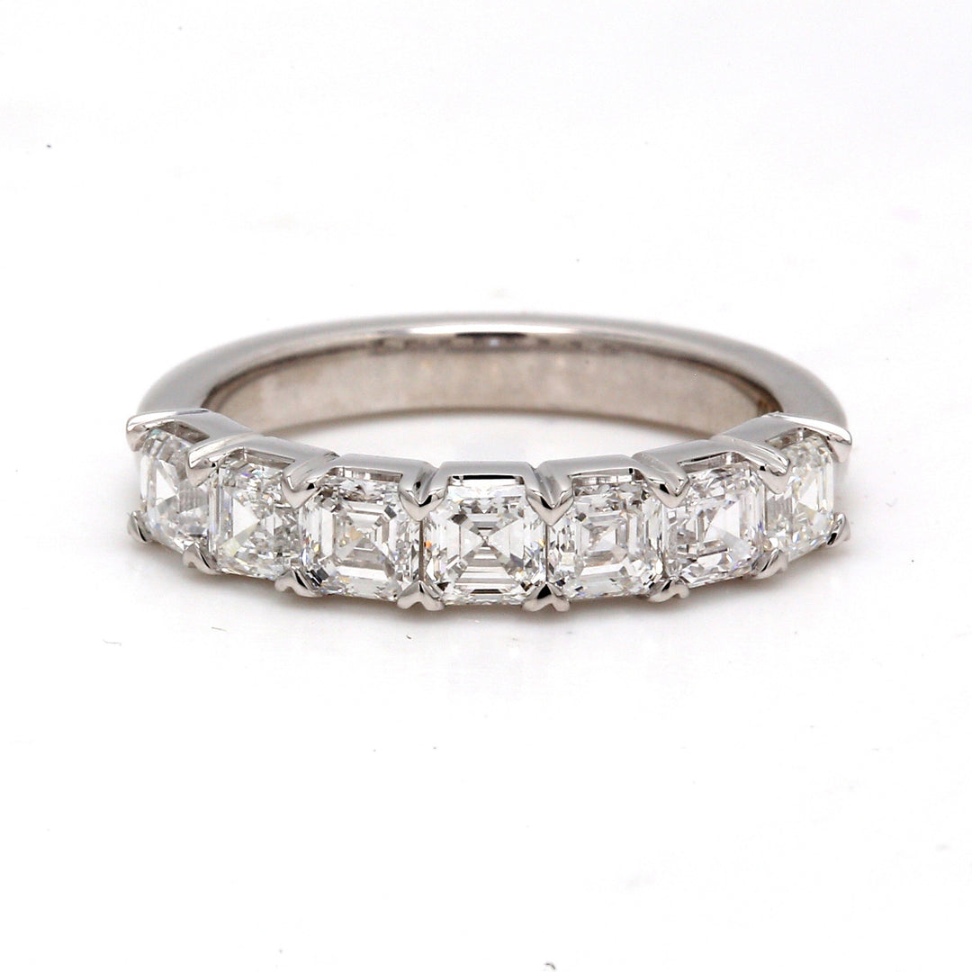 7-stone band in platinum with prong set asscher cut diamonds.  D1.52ct.t.w.  Size 6