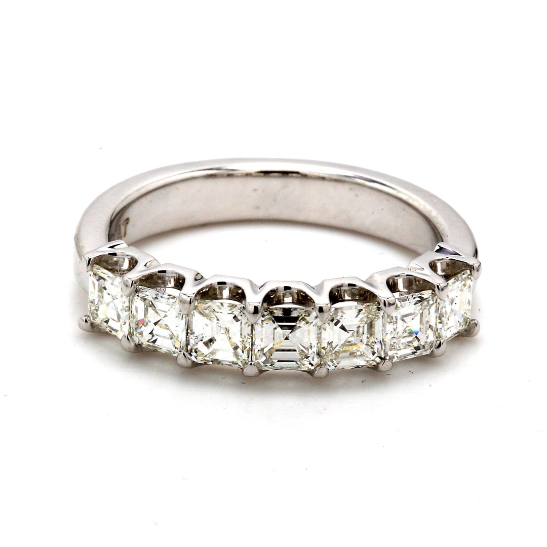 7-stone band in platinum with U-prong set asscher cut diamonds.  D1.52ct.t.w.  Size 7.5