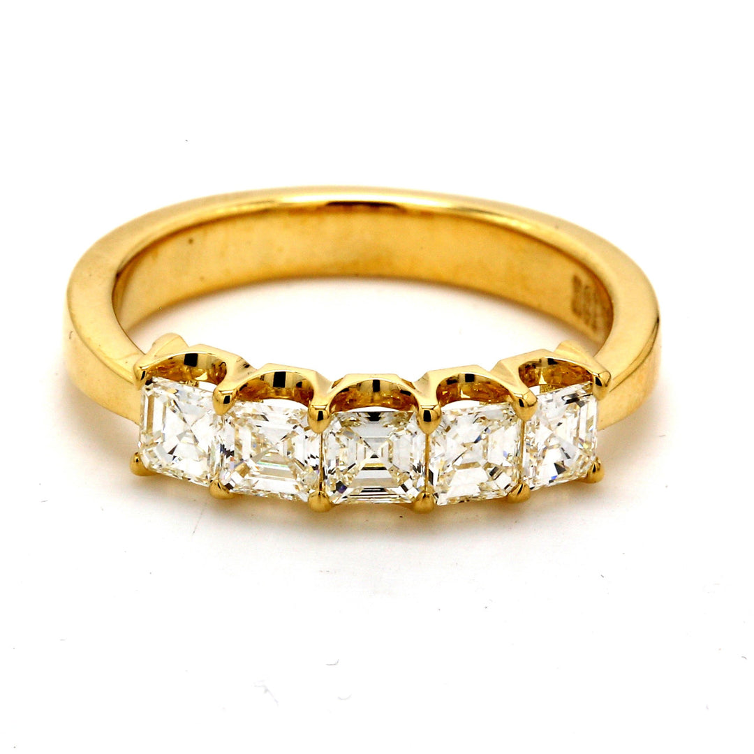 5-stone band in 18K YG with U-prong set asscher cut diamonds.  D1.45ct.t.w.  Size 7.5