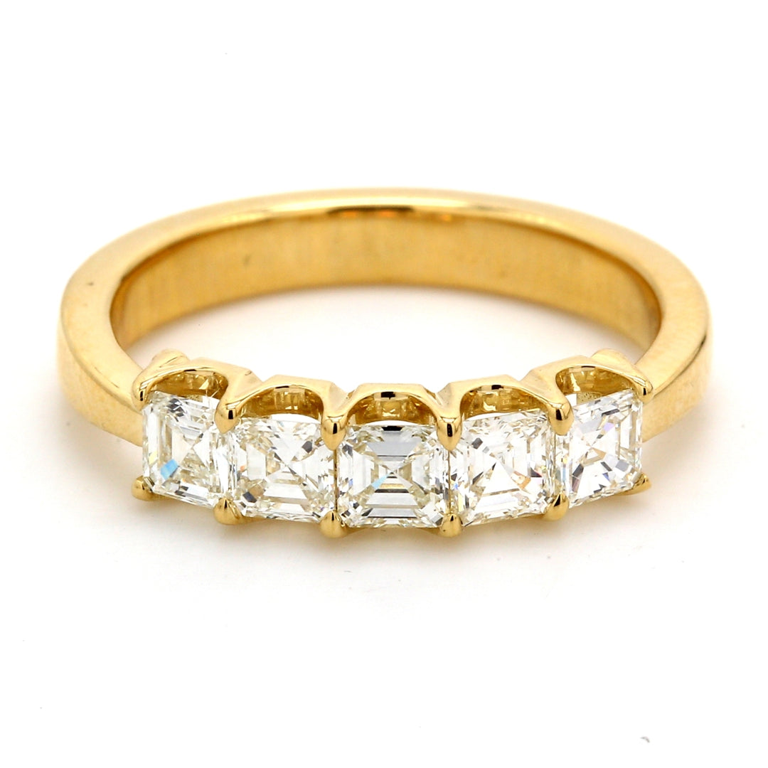 5-stone band in 18K YG with U-prong set asscher cut diamonds.  D1.11ct.t.w.  Size 7.5