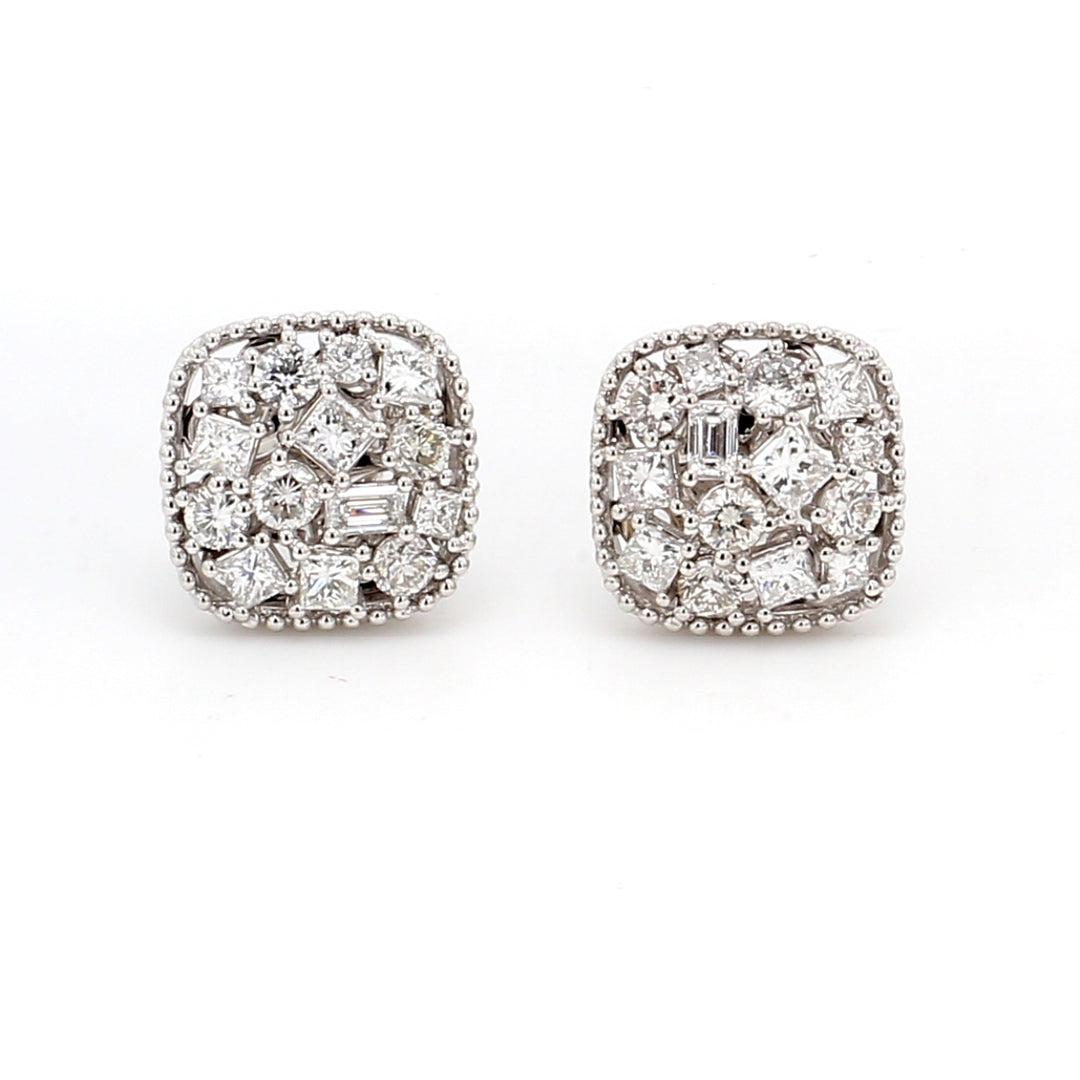 Cluster earrings with prong set mixed shape diamonds.  D2.12ct.t.w.