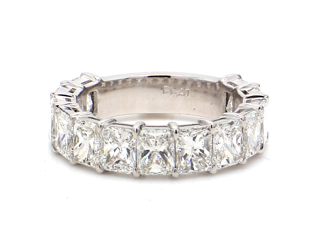 13-stone band in platinum with basket claw prong set radiant cut diamonds.  D5.40ct.t.w.  Size 6.25