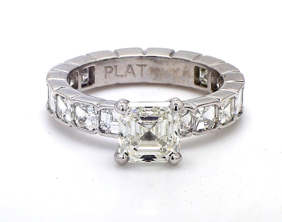 Semi-mount in platinum for prong set asscher cut center with half bezel set asscher cut diamonds on the shank.  D1.96ct.t.w.  Size 4