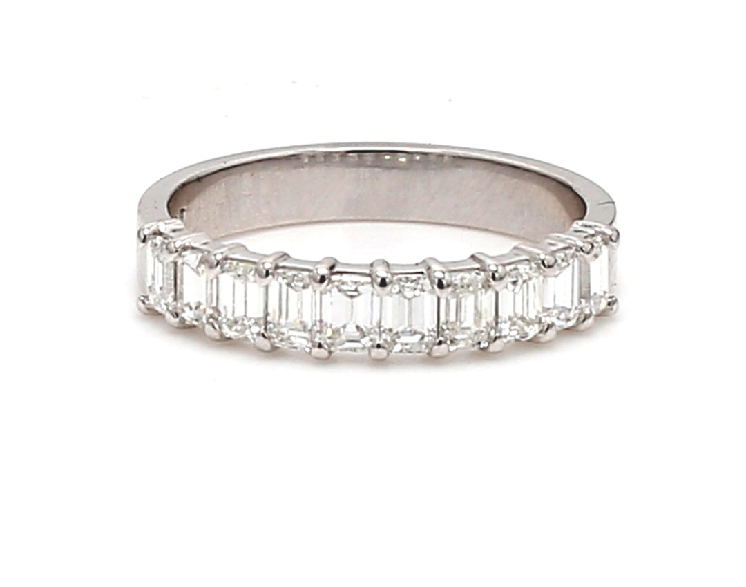 10-stone band in platinum with basket prong set emerald cut diamonds.  D0.87ct.t.w.  Size 5