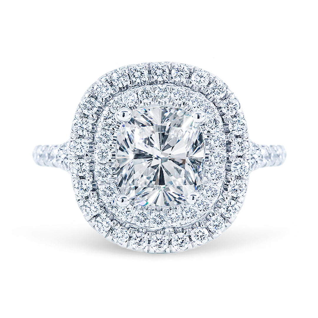 Double halo semi-mount with U-prong set round diamonds.  D0.76ct.t.w.
