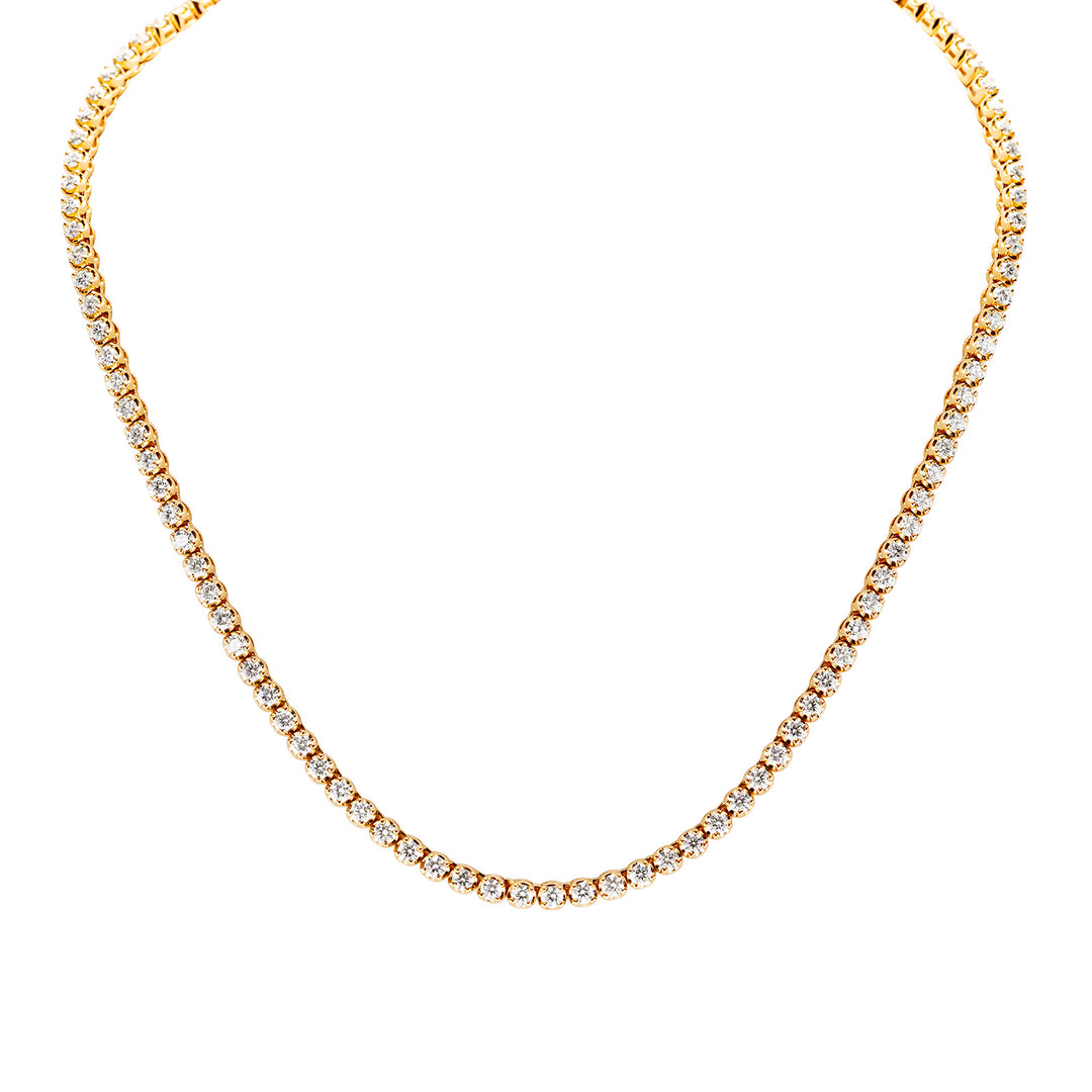 17"" Tennis necklace in yellow gold with basket illusion set (111) round diamonds.  D9.38ct.t.w.