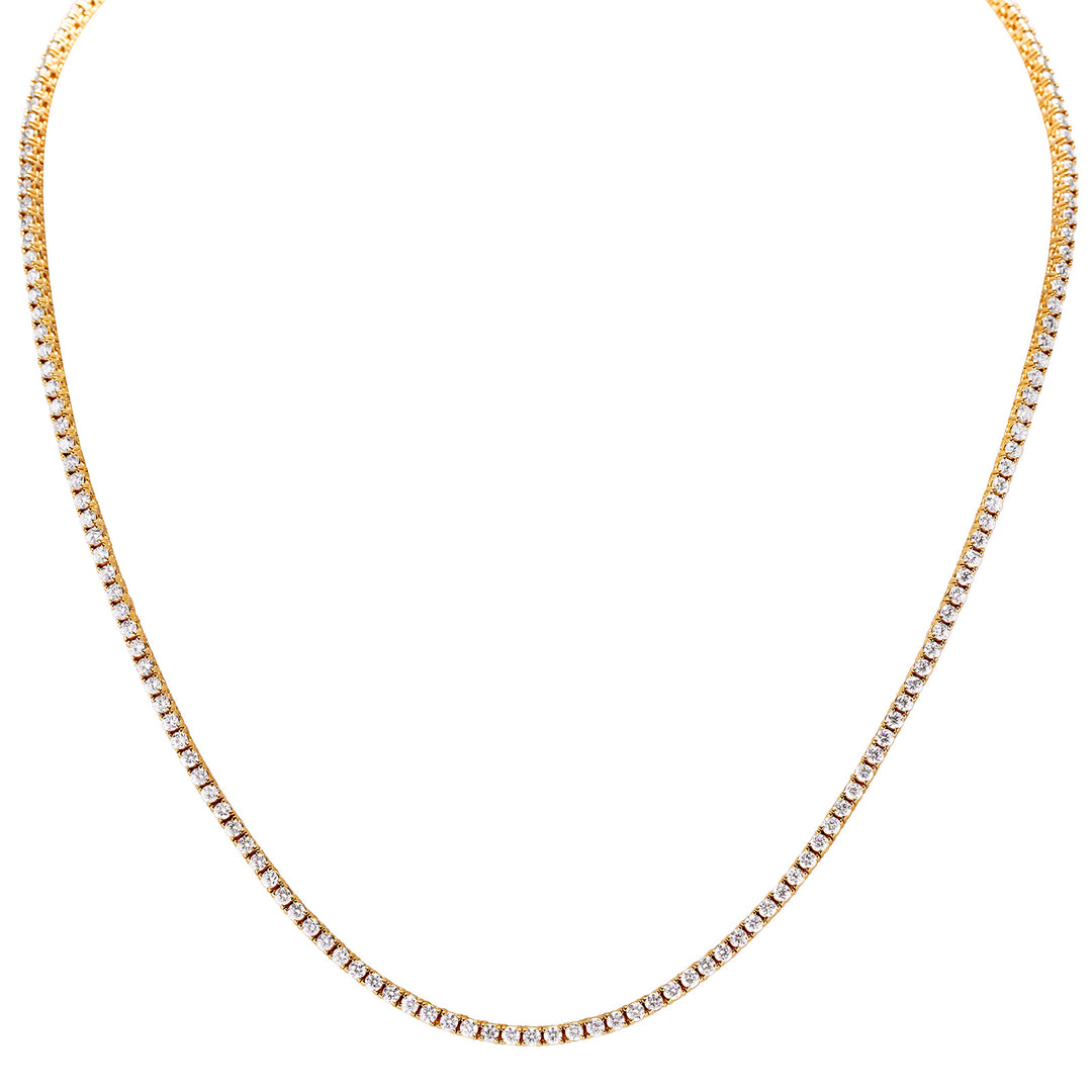 17"" Tennis necklace in yellow gold with prong set round diamonds.  D5.58ct.t.w.