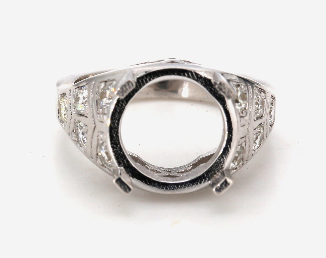 Antique style semi-mount in 18K WG for round center with round diamonds.  D0.48ct.t.w.  Size 4.75
