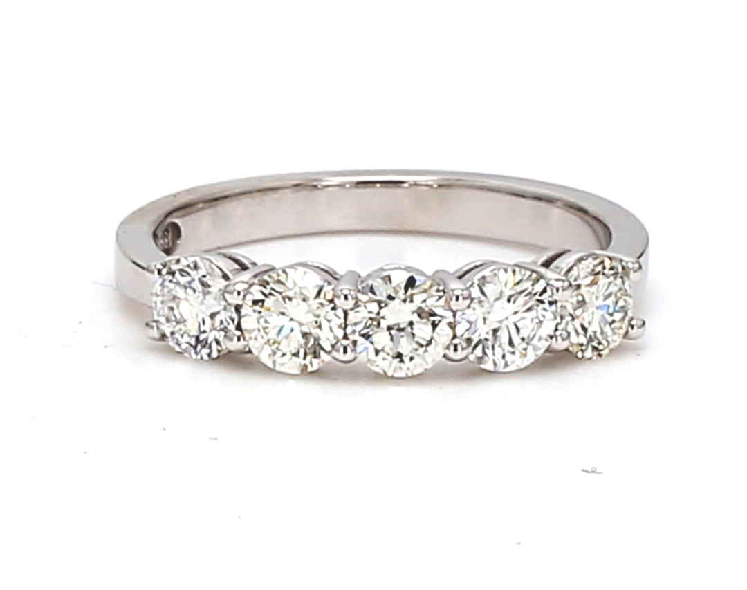 5-stone band in 18K WG with basket prong set round diamonds.  D1.03ct.t.w.  Size 6